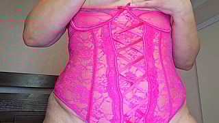 Chubby BBW in Pink Lace Corset: Titty Drop & Big Tits Show'
